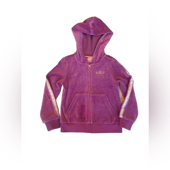 Juicy Couture Girl Velour Zip Up Jacket Size 3T Purple Hooded Bling Heart Stripe - Picture 1 of 6